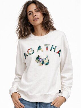 Agatha Paris white sweatershirt with text and dog applique size small